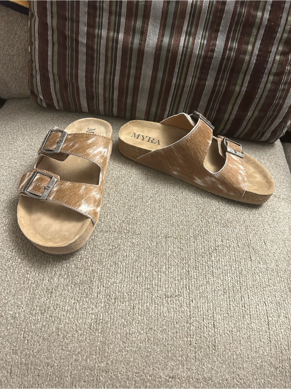Myra Lazy Days Brown & White Cowhide Double Buckled Sandals MH-006 Size 7